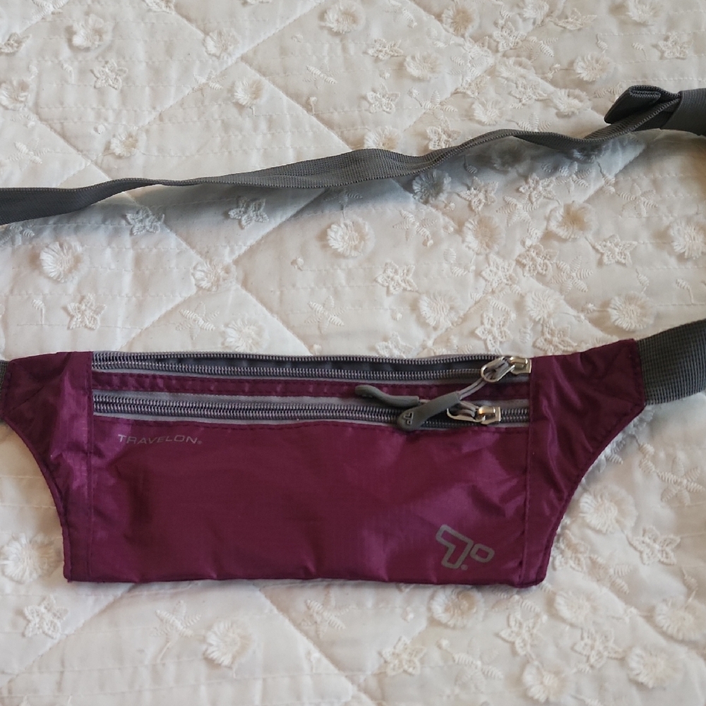Travelon Maroon Waist Bag with Gray Strap